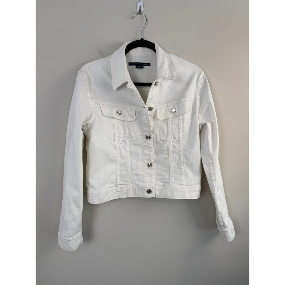Ralph Lauren Sport Denim Jacket Women's Medium White Cotton Blend Trucker Jacket